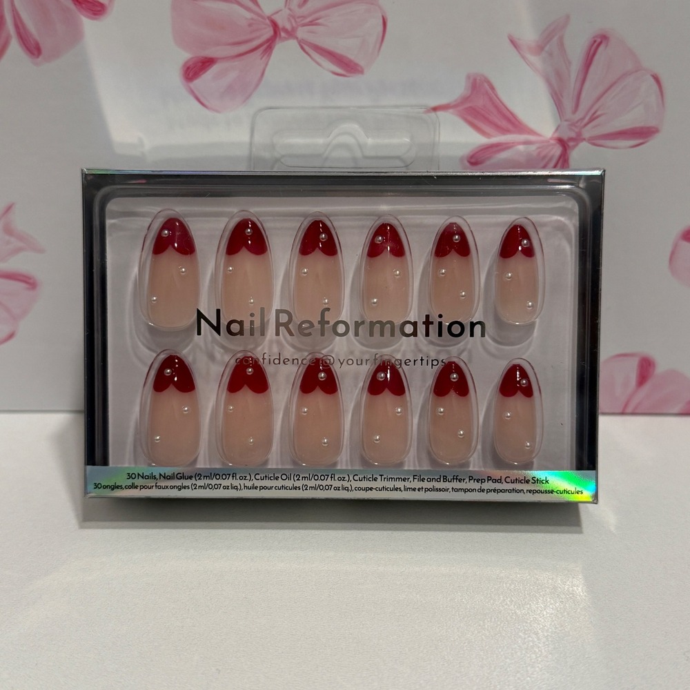 Nail Reformation Red Heart Of Pearl‎ French Tip Almond Press On Nail Kit 30ct
